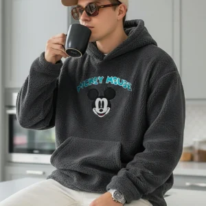 Men's Grey Mickey Graphic Printed Oversized Hoodies