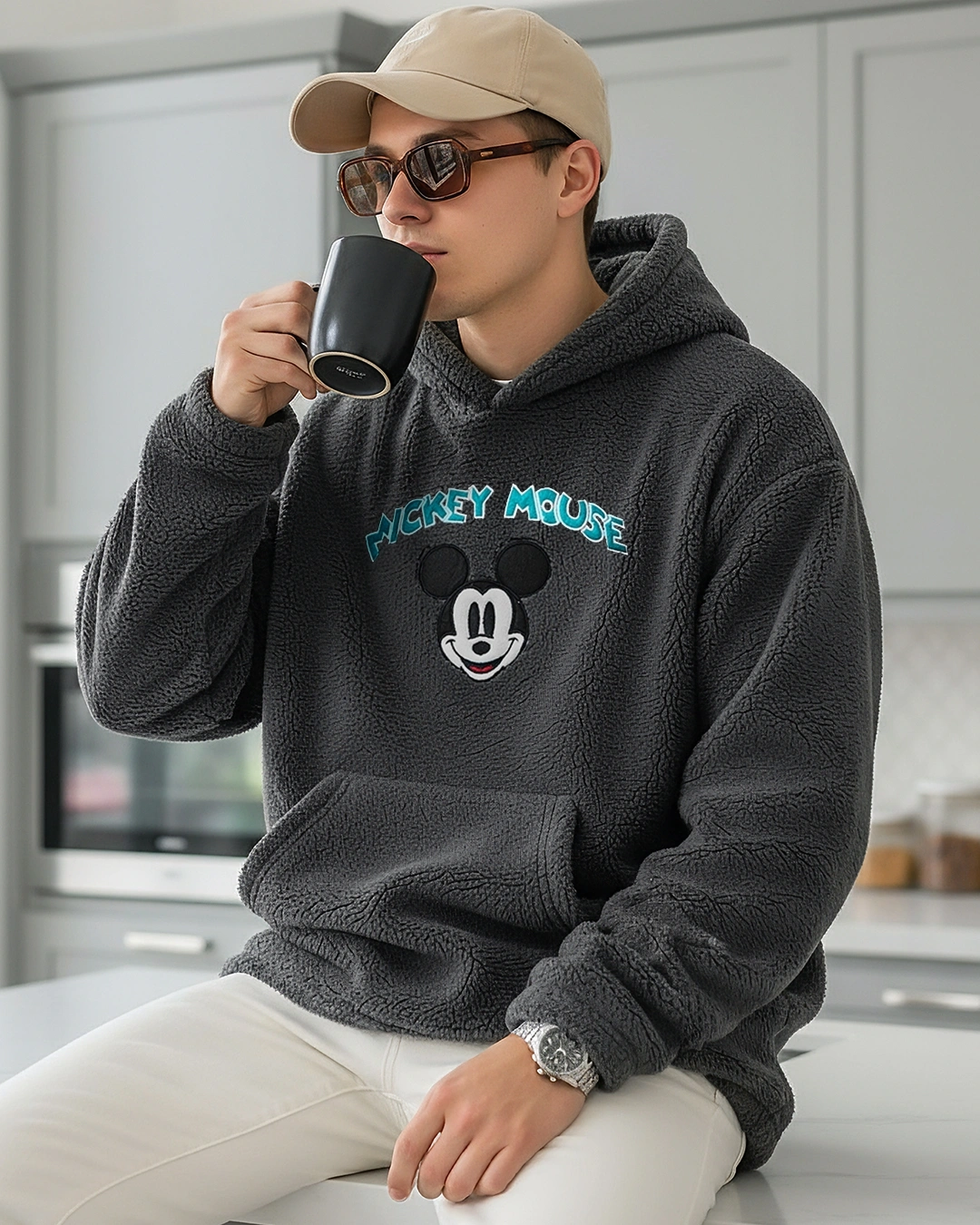 Men’s Grey Mickey Graphic Printed Oversized Hoodies